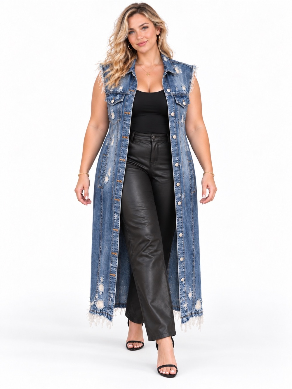 Veveret Distressed Long Denim Vest 1XL Sleeveless Jean Jacket Ripped Frayed Blue
